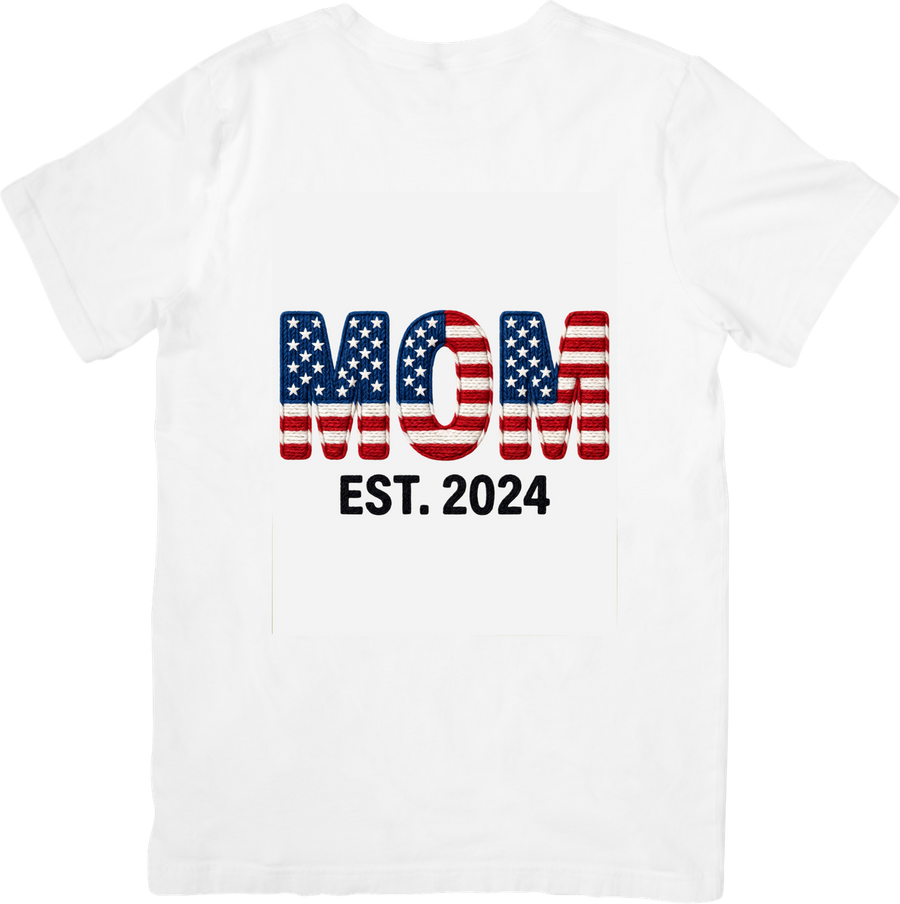 American Flag Mom Est 2024 T-Shirt | Patriotic New Mom Graphic Tee | Mothers Day Gift