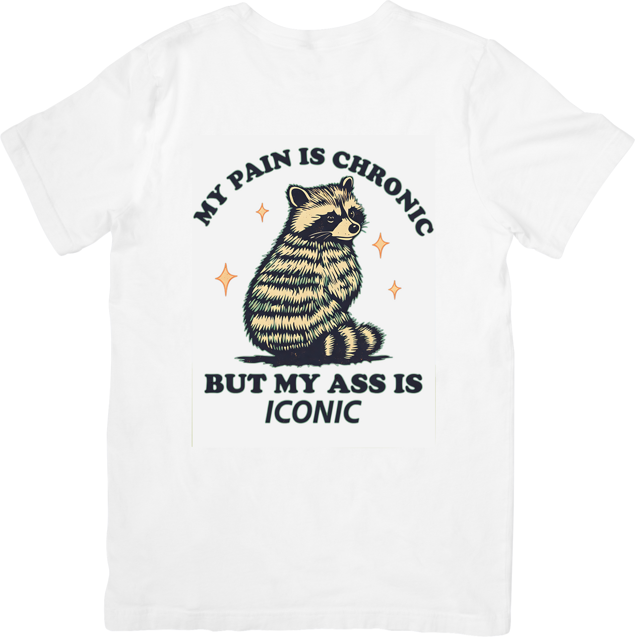 My Pain Is Chronic But My Ass Is Iconic Raccoon T-Shirt Funny Retro Humor Graphic Tee