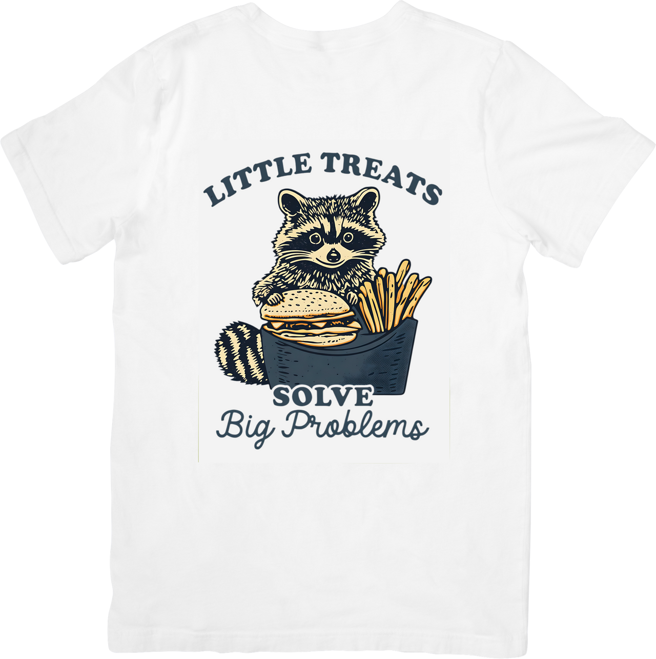 Little Treats Solve Big Problems Raccoon Burger Fries T-Shirt Funny Retro Animal Graphic Tee