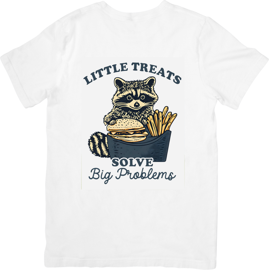 Little Treats Solve Big Problems Raccoon Burger Fries T-Shirt Funny Retro Animal Graphic Tee