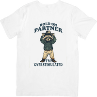 Thumbnail for Hold On Partner I Am Overstimulated Raccoon Cowboy T-Shirt Funny Vintage Graphic Tee