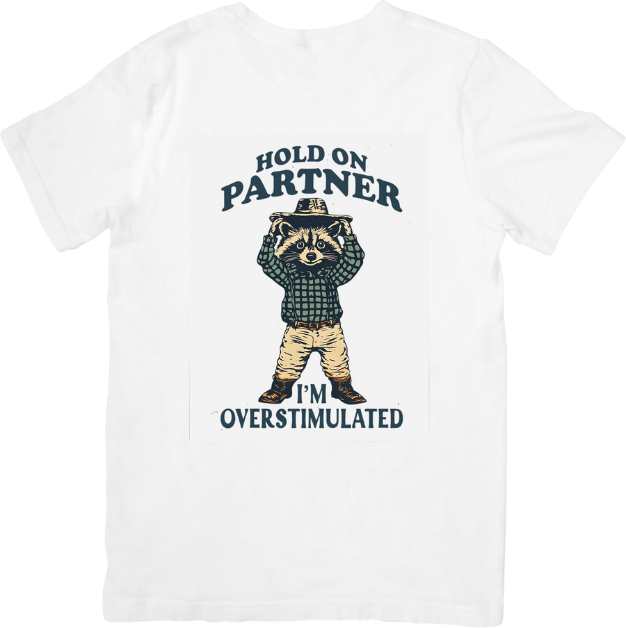 Hold On Partner I Am Overstimulated Raccoon Cowboy T-Shirt Funny Vintage Graphic Tee