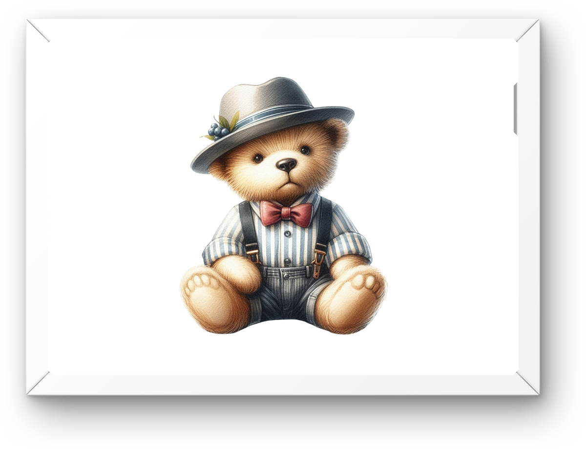Dapper Teddy Bear Wall Art | Watercolor Bear in Hat & Suspenders Print | Nursery Kids Gift
