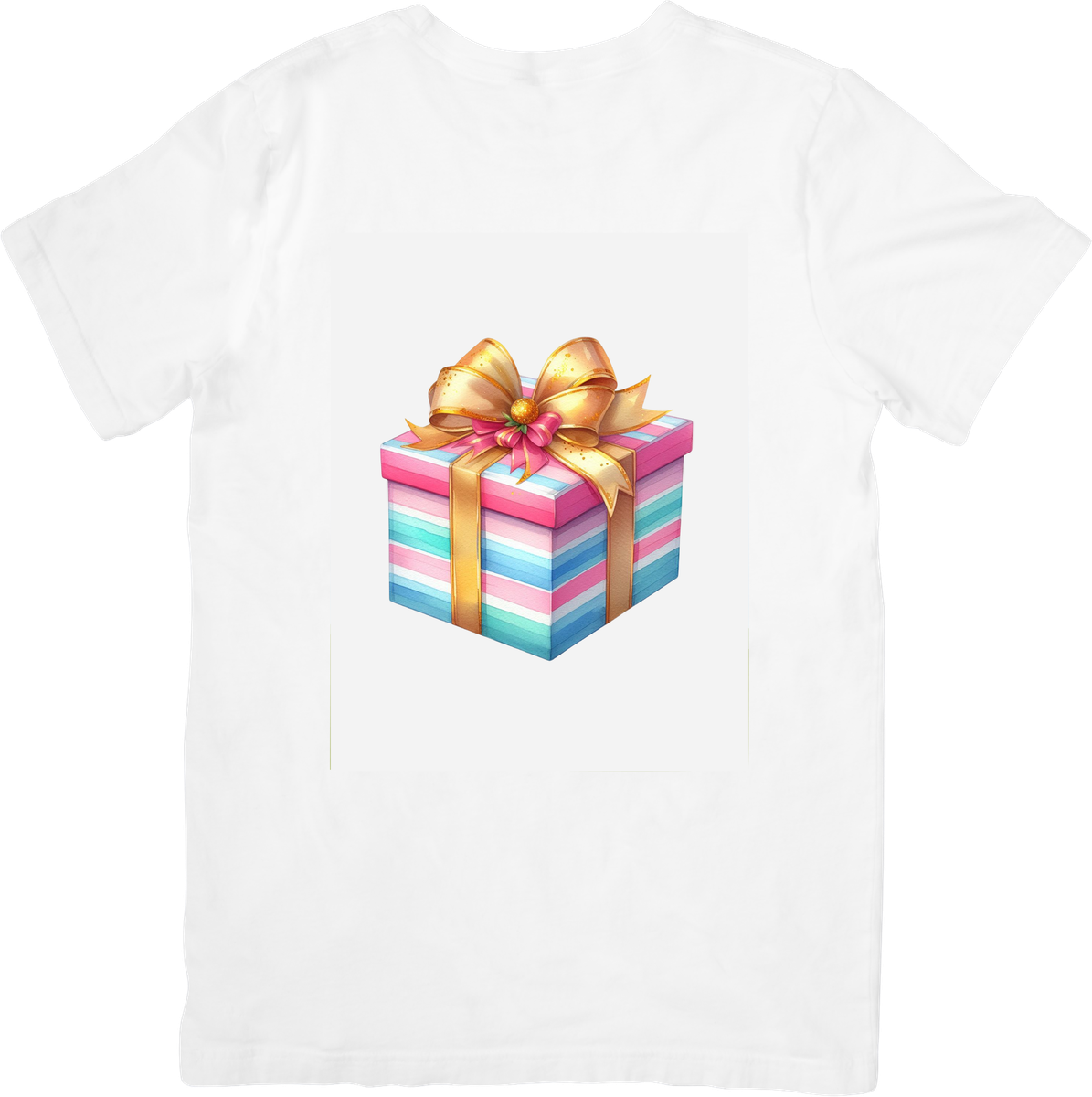 Pastel Striped Gift Box T-Shirt | Colorful Present with Gold Bow Graphic Tee | Birthday Gift