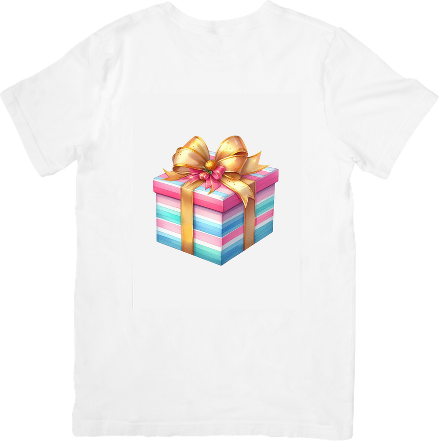 Pastel Striped Gift Box T-Shirt | Colorful Present with Gold Bow Graphic Tee | Birthday Gift