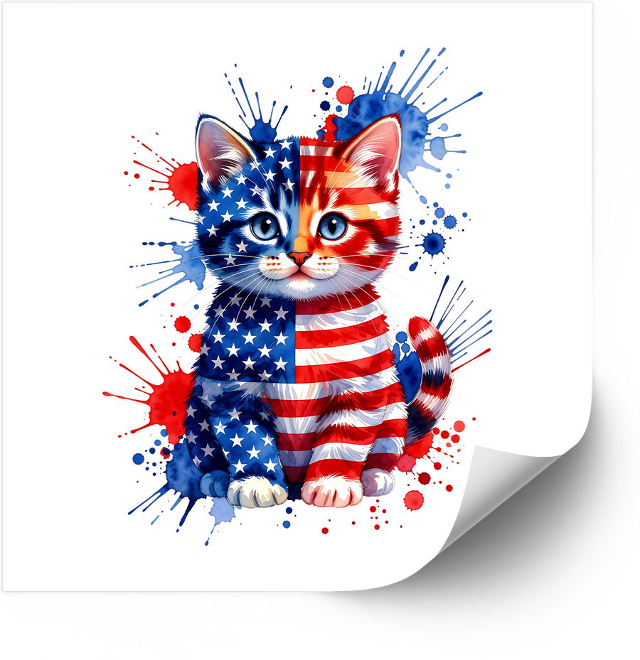 Patriotic Watercolor Kitten Flag Sticker Cute Fourth of July Cat Vinyl Decal