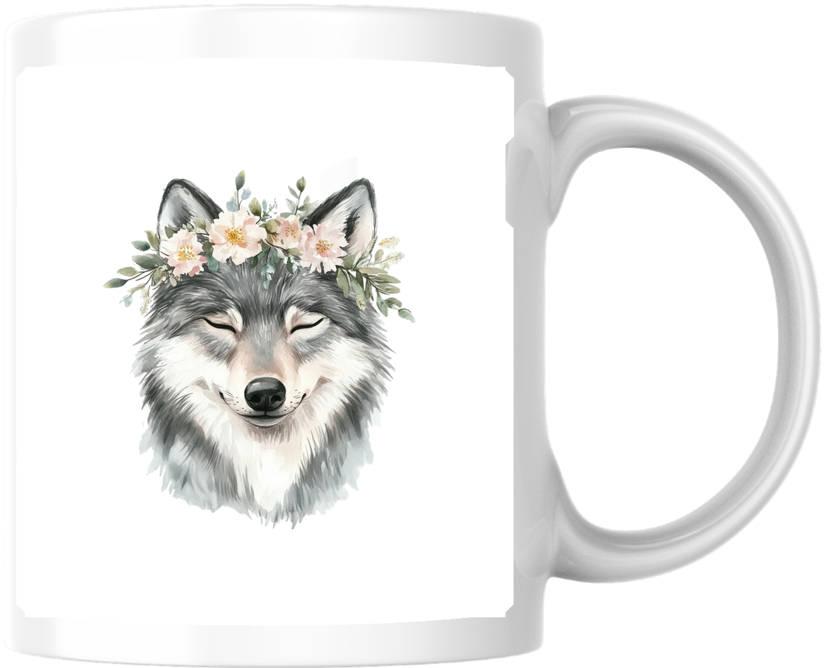 Floral Crown Wolf Mug | Watercolor Boho Animal Coffee Mug | Nature Lover Gift